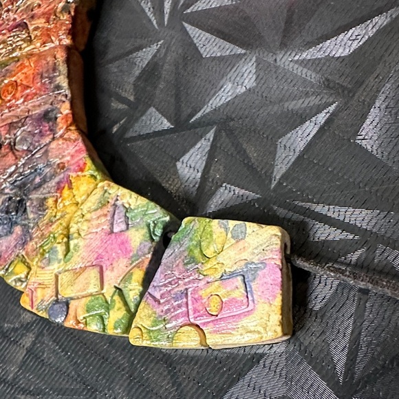 Artisan Handcrafted Multicolor Mosaic Tile Inspired Tribal Sculpted Necklace EUC - Picture 4 of 16